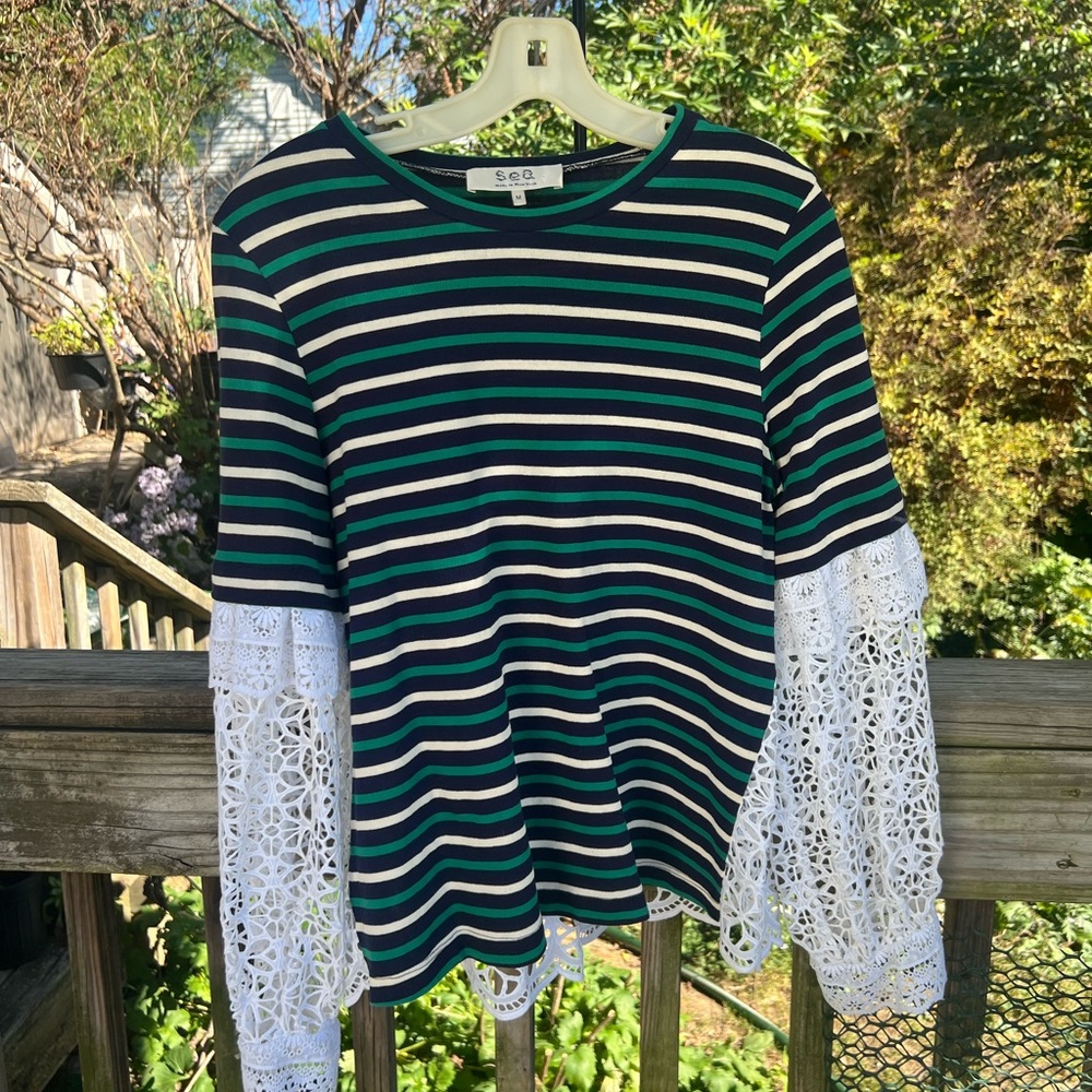 Sea New York Navy Green White Striped Crochet Sleeve Blouse